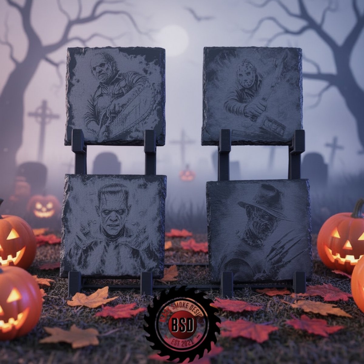Horror characters engraved on slate coasters