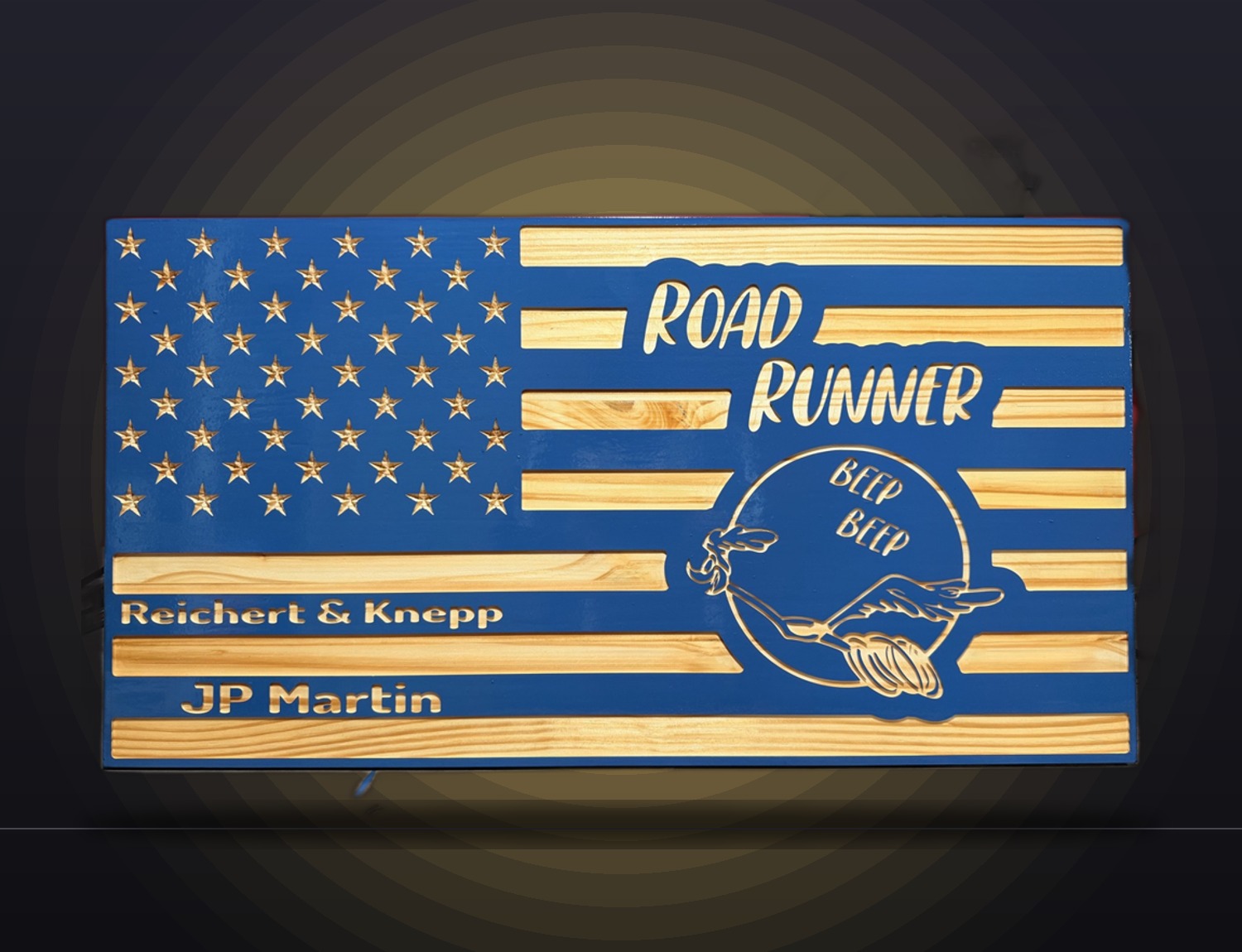 Blue personalized Road Runner carved wood flag