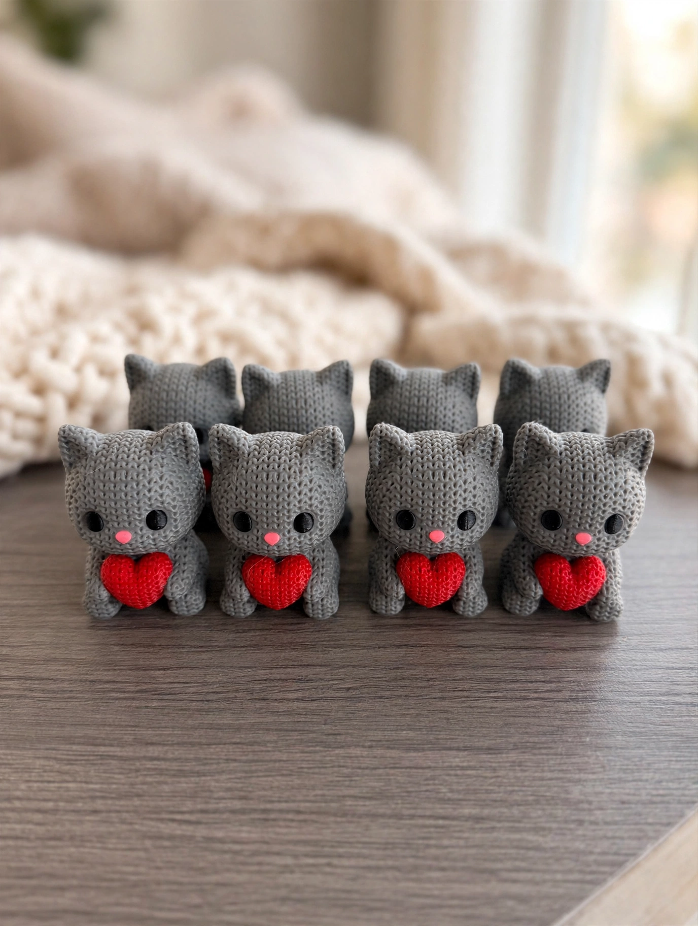 Grey 3D-printed kittens holding red hearts
