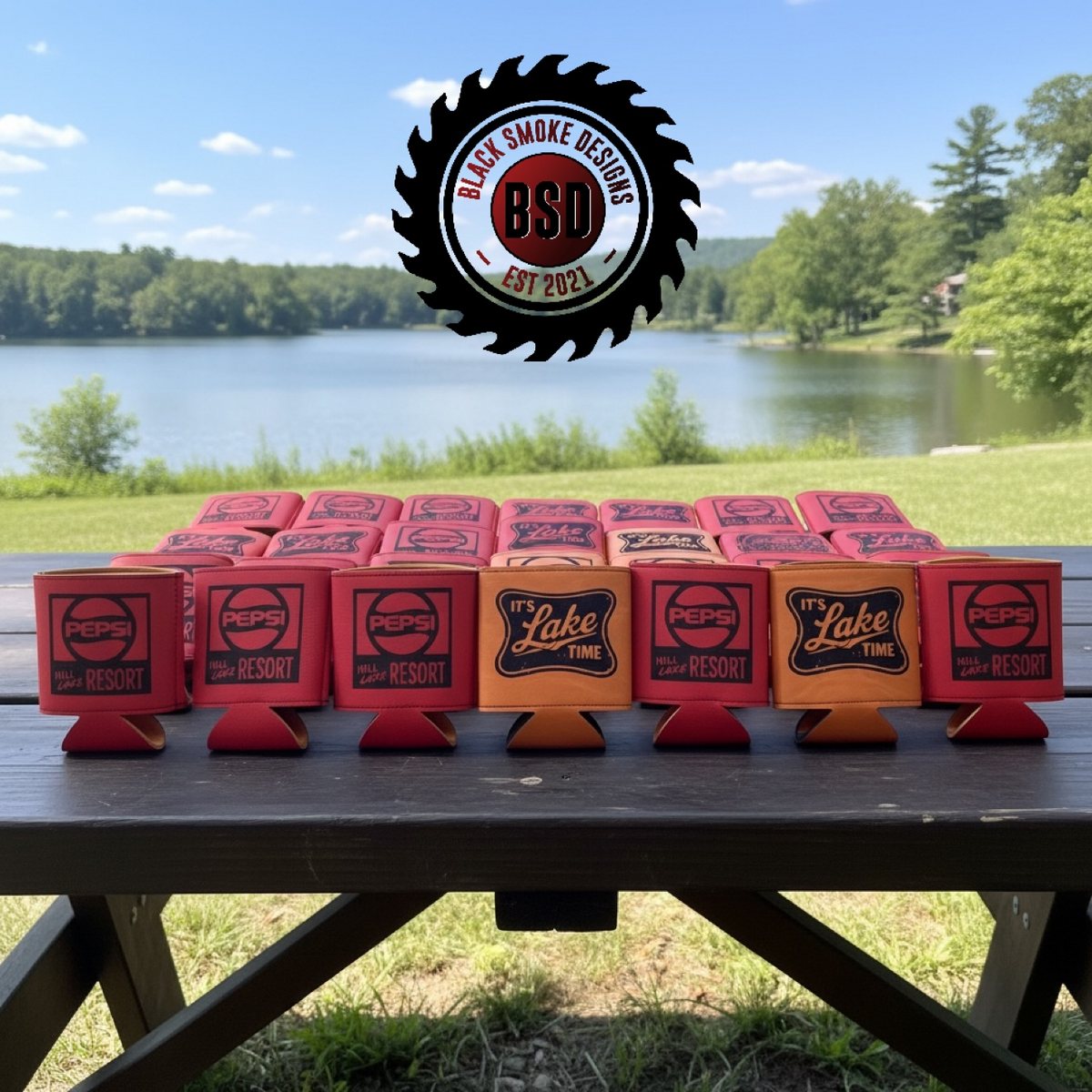 Red and orange custom engraved can koozies beside a lake