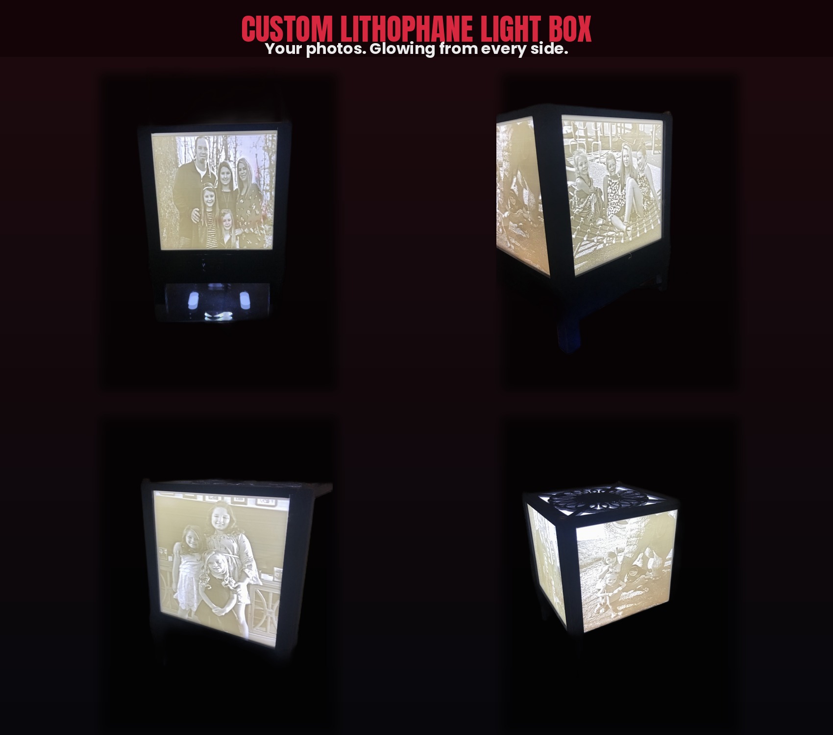 Four views of a custom lithophane box glowing in the dark with a different family photo on each side