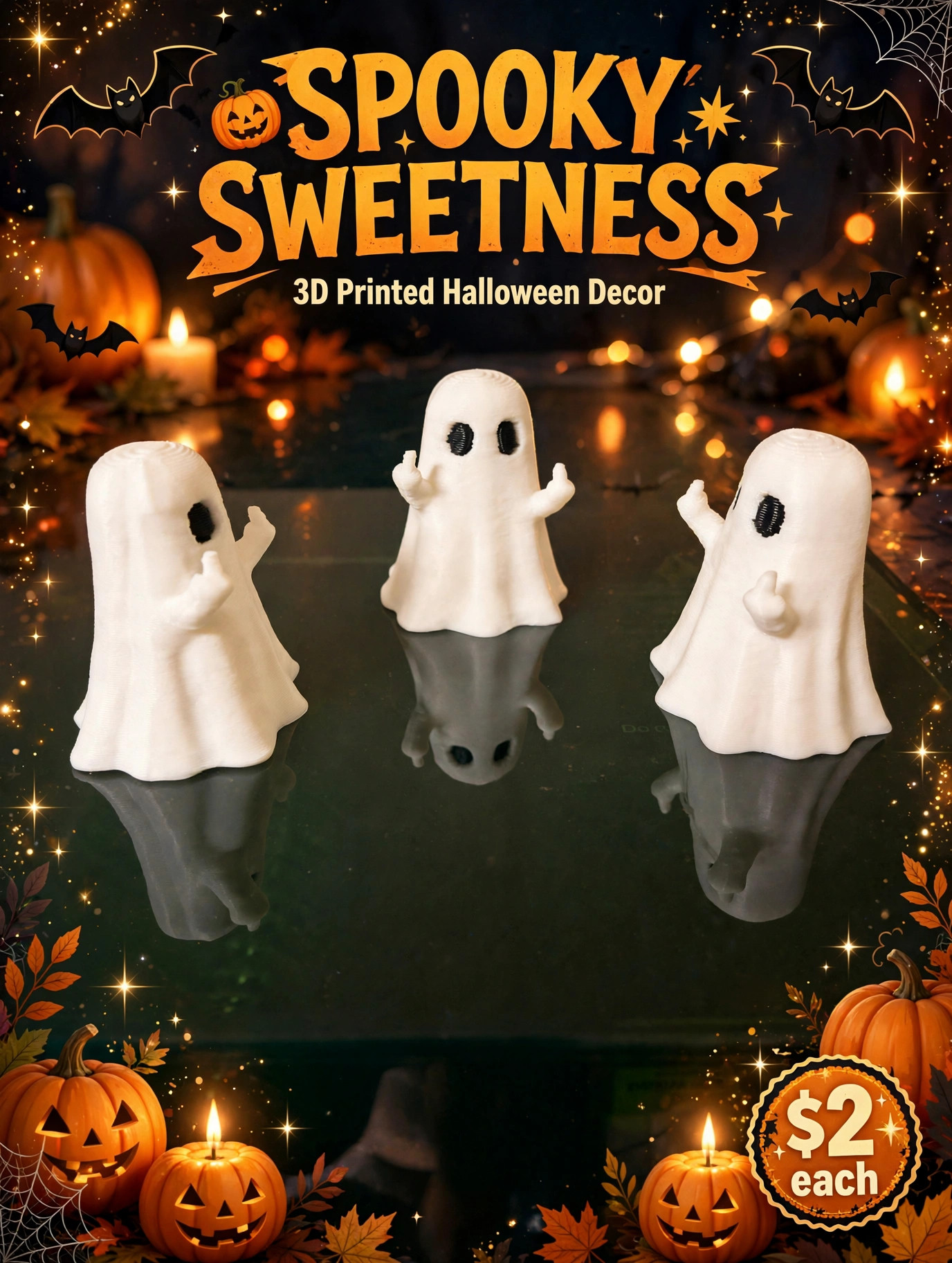 Three small white 3D-printed ghost decorations