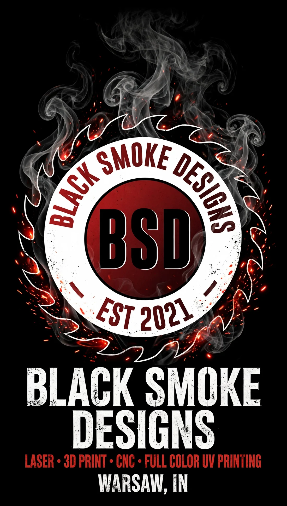 Black Smoke Designs T-shirt back artwork on black — saw-blade logo with smoke, embers, and the service list