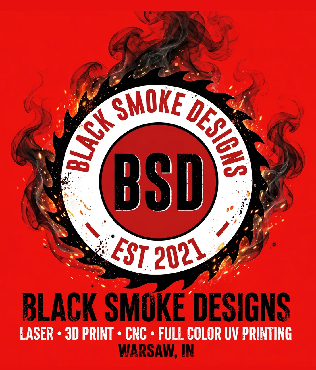 Black Smoke Designs T-shirt back artwork on red — original logo colors with smoke and embers
