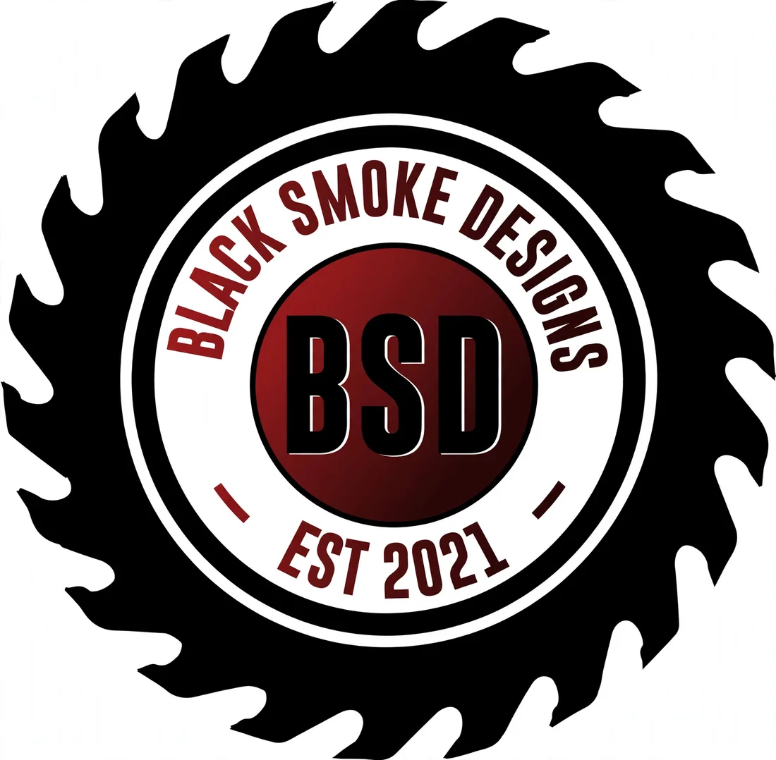 Black Smoke Designs front logo artwork — saw-blade emblem with BSD and Est 2021